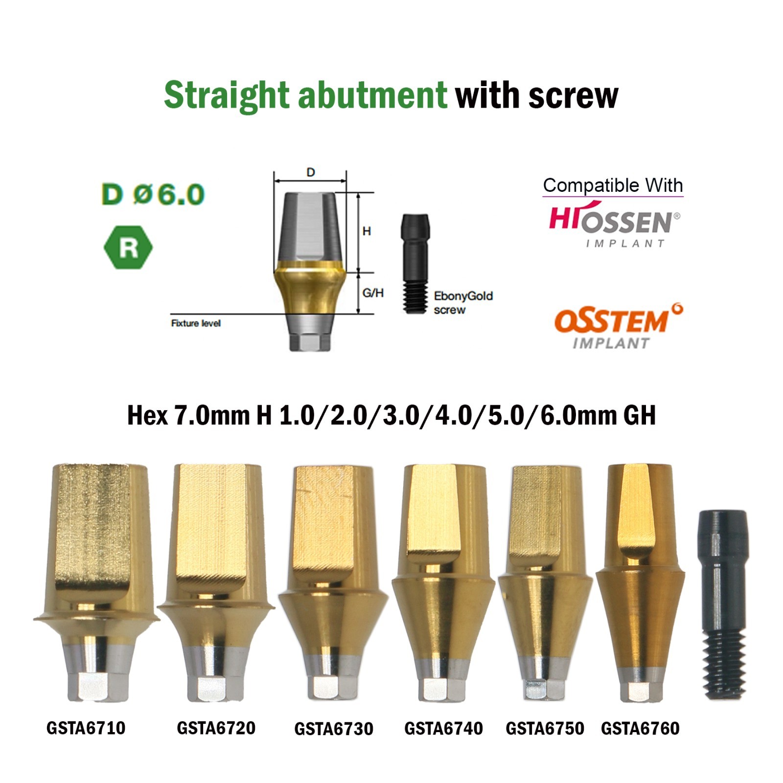 US Dental Straight Transfer Abutment Regular Ø6.0mm 1-6mm GH For Hiossen Osstem