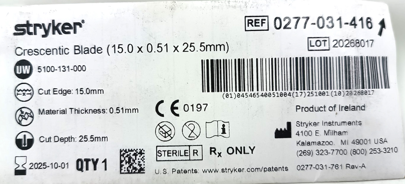 Stryker 0277-031-416 Crescentic Blade 15.0×0.51×25.5mm For Training