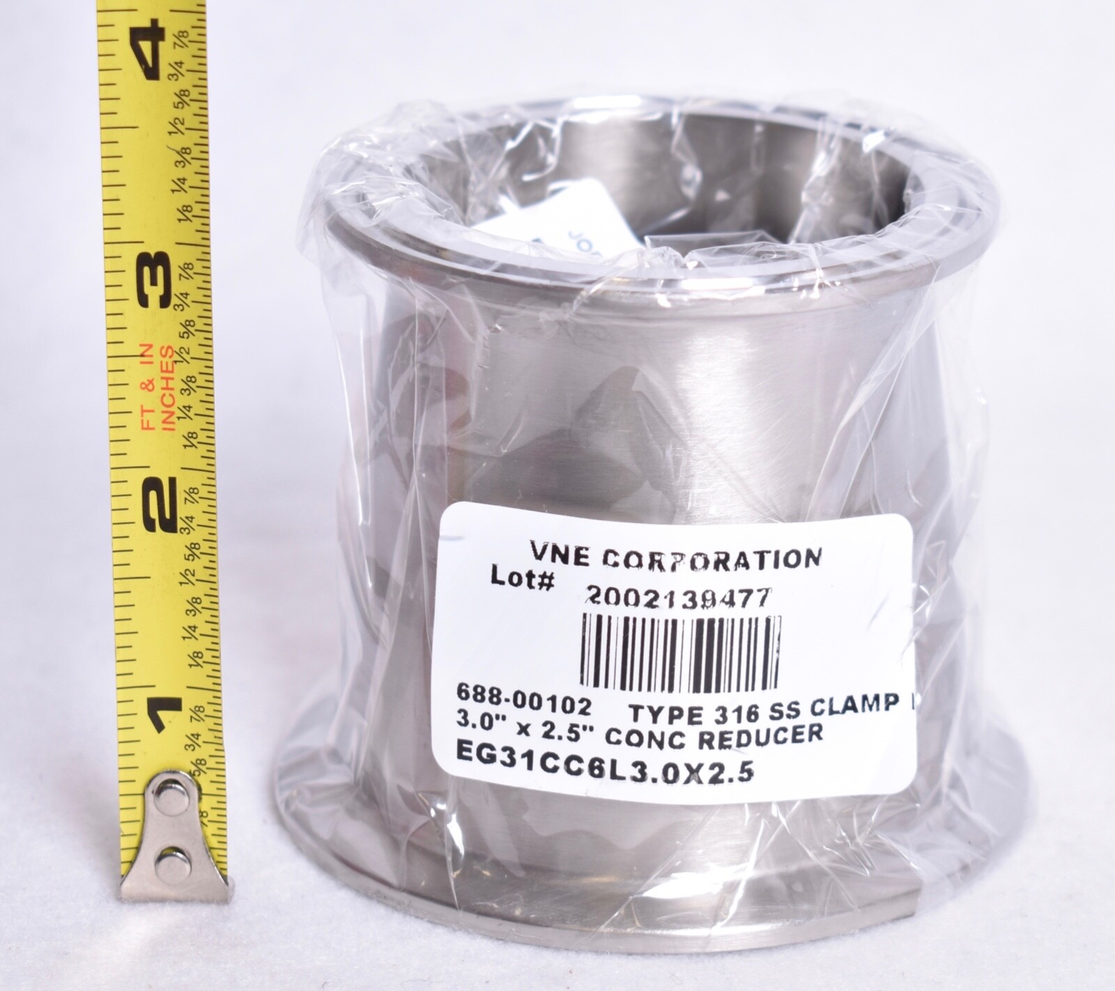 VNE 3 x 2-1/2″ Clamp Style Sanitary SS Pipe Concentric Reducer EG31CC6L3.0X2.5