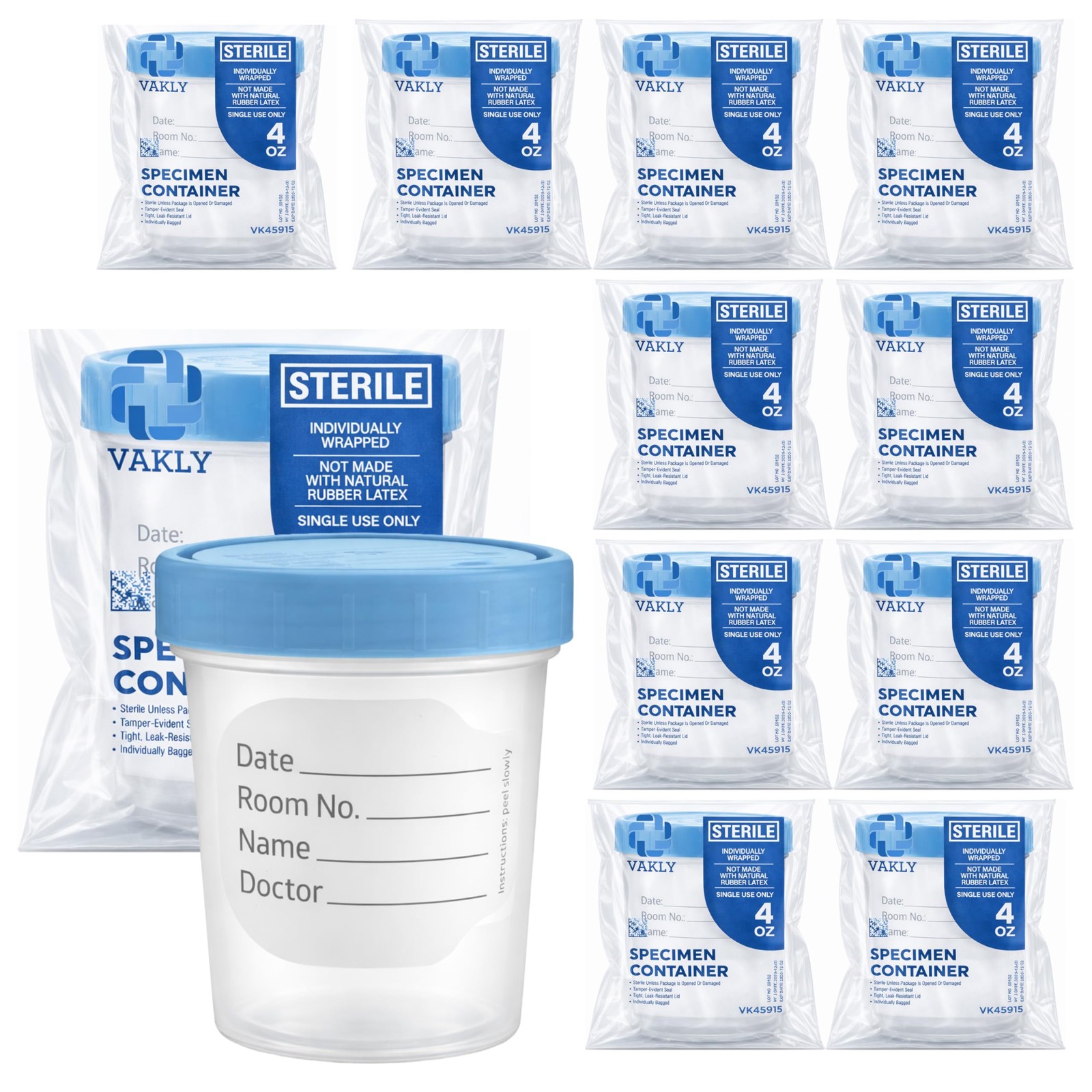 Vakly Sterile Specimen Cups 4 oz (10 Pack) – Individually Wrapped Urine Clear