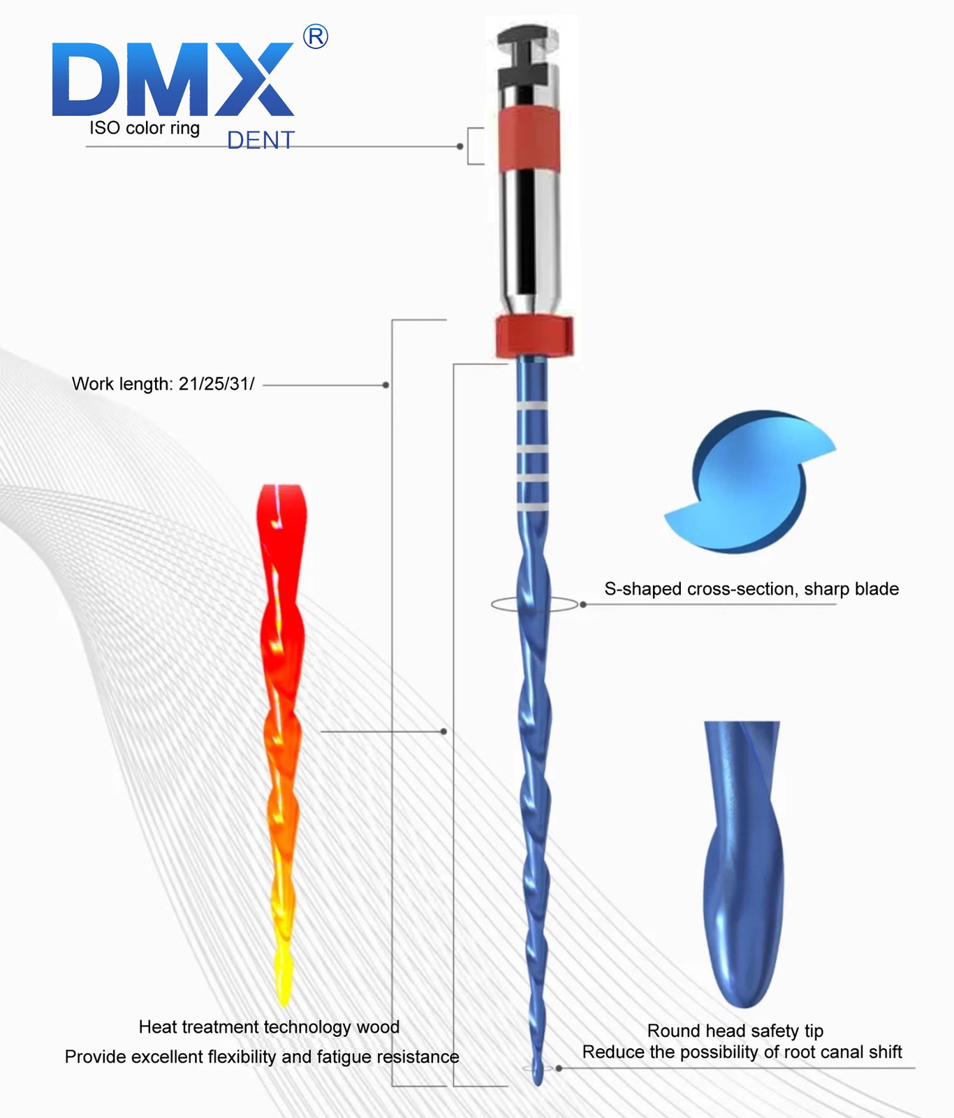 DMXDENT RECIPROC Blue Dental Endo NiTi File 6pcs/set R25/R40/R50 in 21, 25, 31mm