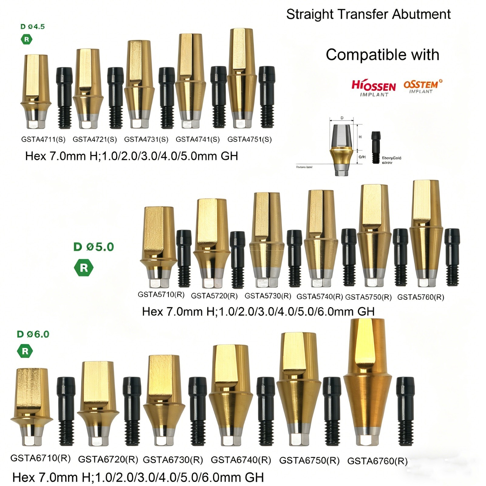 US Dental Ti Standard Straight Abutment W/Replica Screw fit Hiossen ET Regular