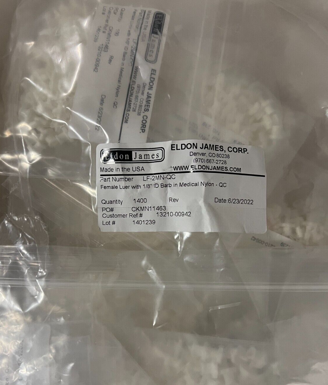 Lot of 4400 Eldon James LF-2MN-QC Female Luer w 1/8 ID Barb in Medical Nylon NIB