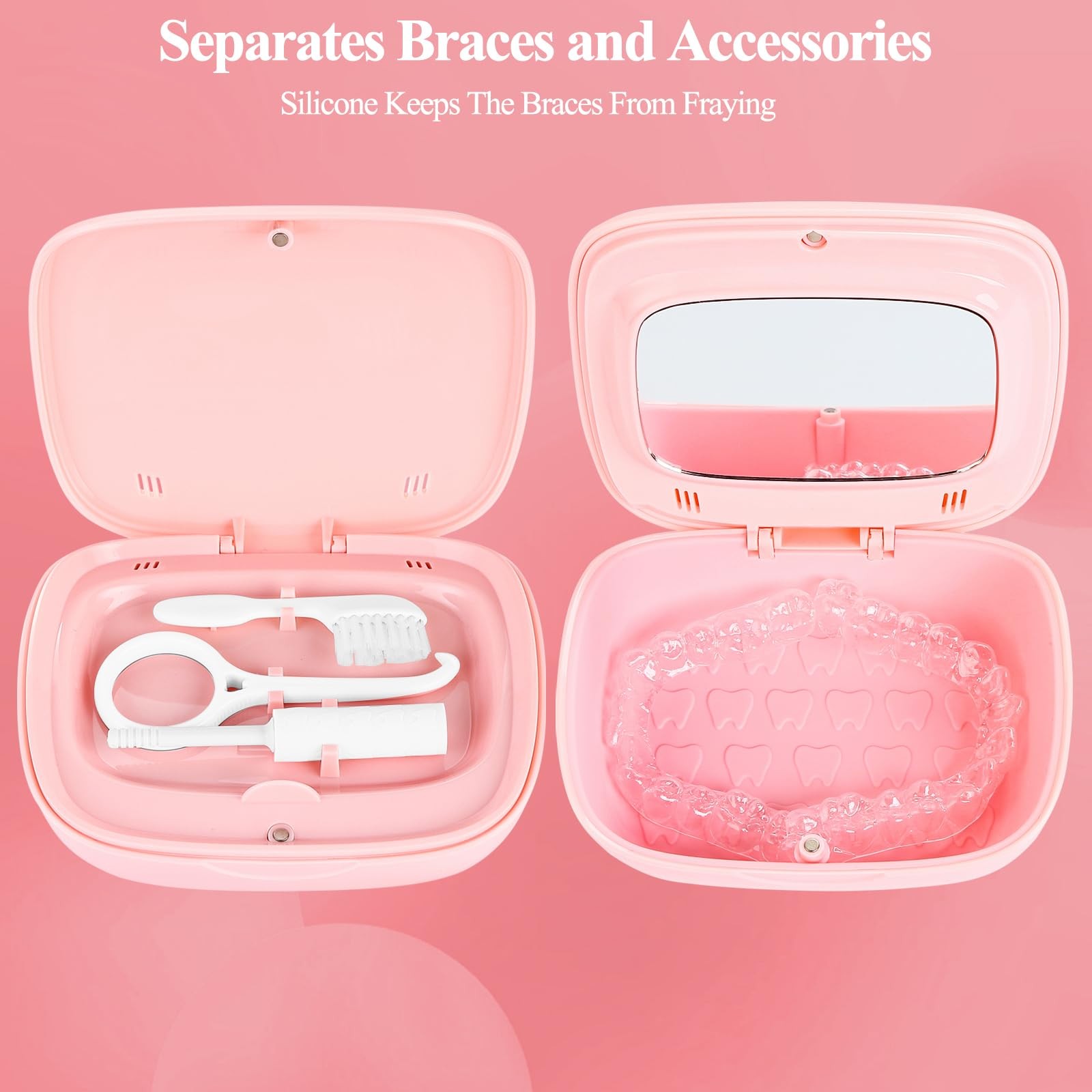 LONGMON Retainer Case With Mirror,Compatible with Invisalign,Vent PINK