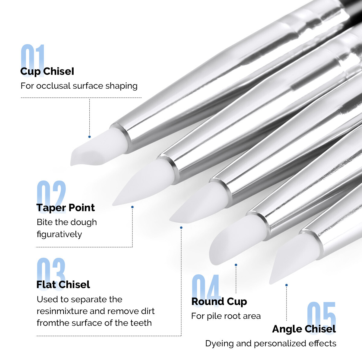 Dental Porcelain Brush Pens Tooth Silicone Brush Pen Different Shape 5Pcs /Set
