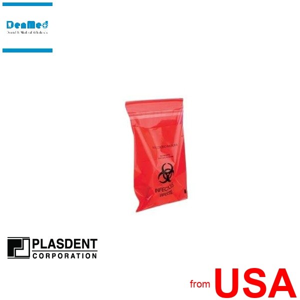 PLASDENT Stick-on RED Bio Hazard Waste Bags 9in x 10in 200pk Infectiou 423489