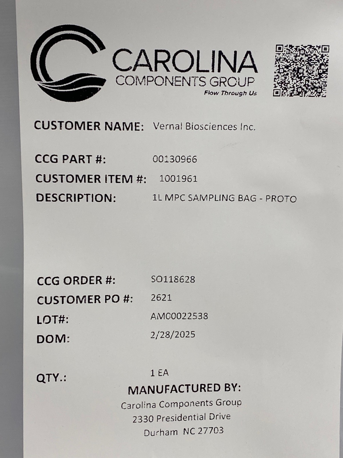 CAROLINA Bioprocess 1L MPC Sampling Bag 3-Ports w/ Connectors Clamps 00130966
