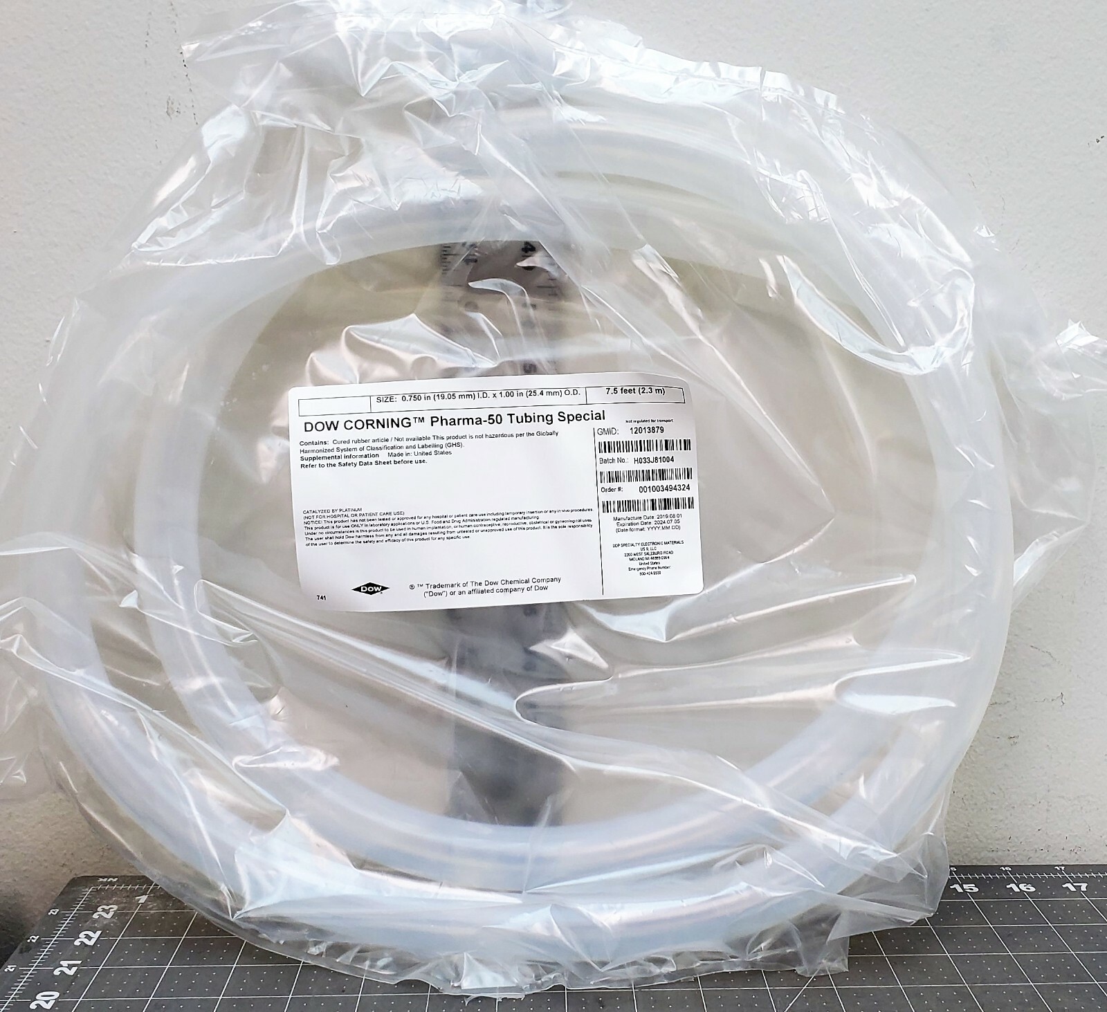 Dow Corning Pharma-50 Tubing 0.75” I.D. X 1” O.D. 7 ½ Foot Roll 2024 [D1TP]