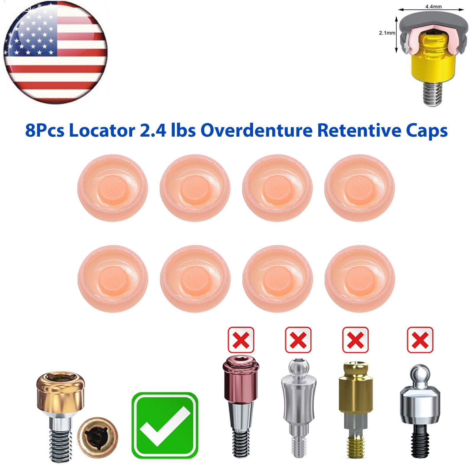US Overdenture Dental Locator Abutment Retention Caps 1.2/2.4lbs Metal Housing