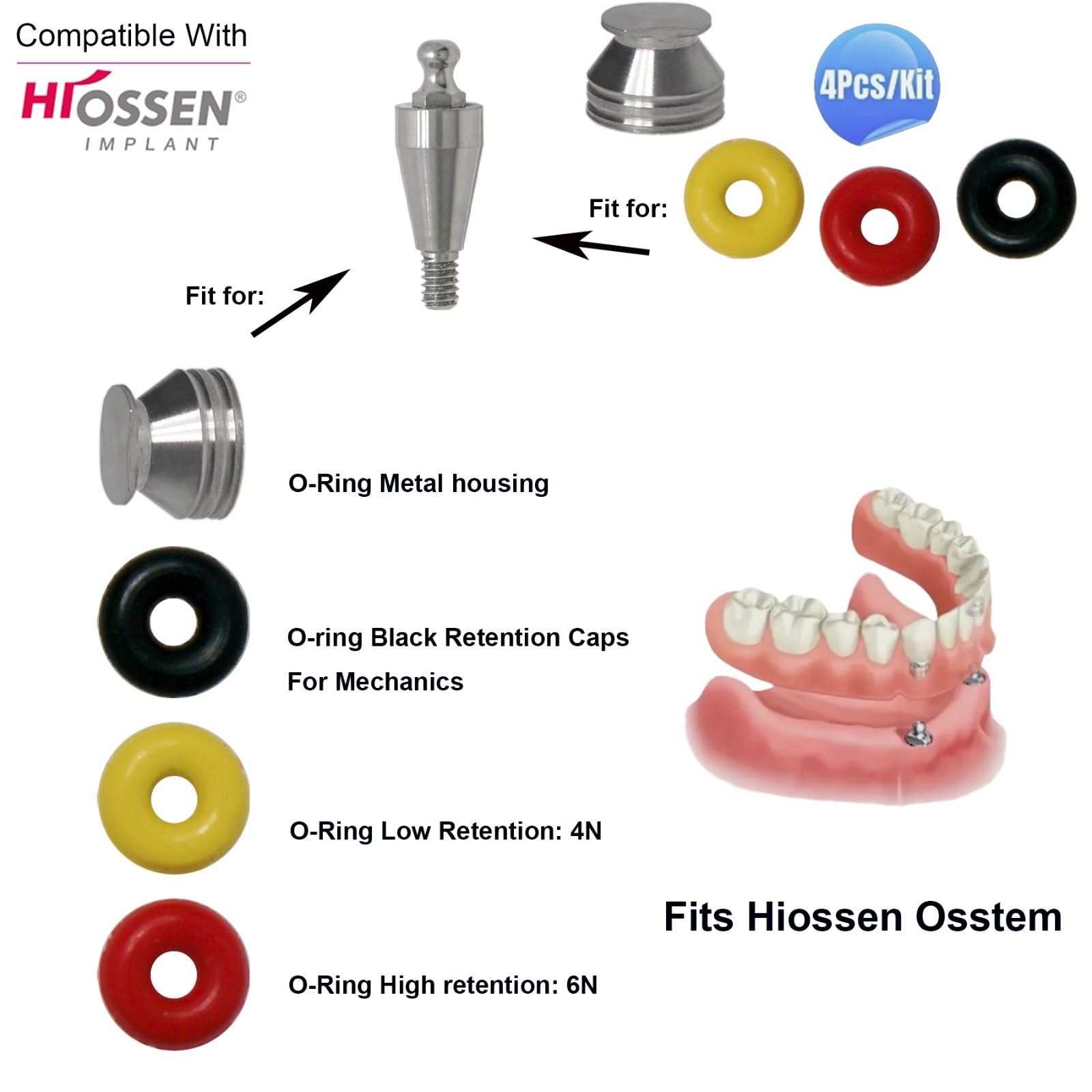 US Dental O-ring 4Pcs/Set for Ball Attachment Abutment Compatible Hiossen Osstem