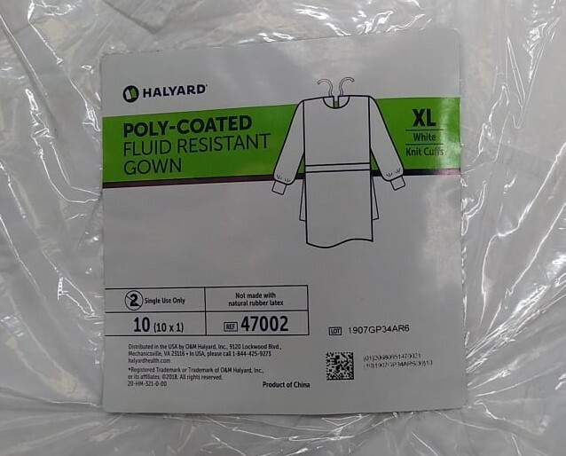 (MultiPack) Halyard Poly-Coated Fluid Resistant Gown, Knit Cuff, XL White, 47002