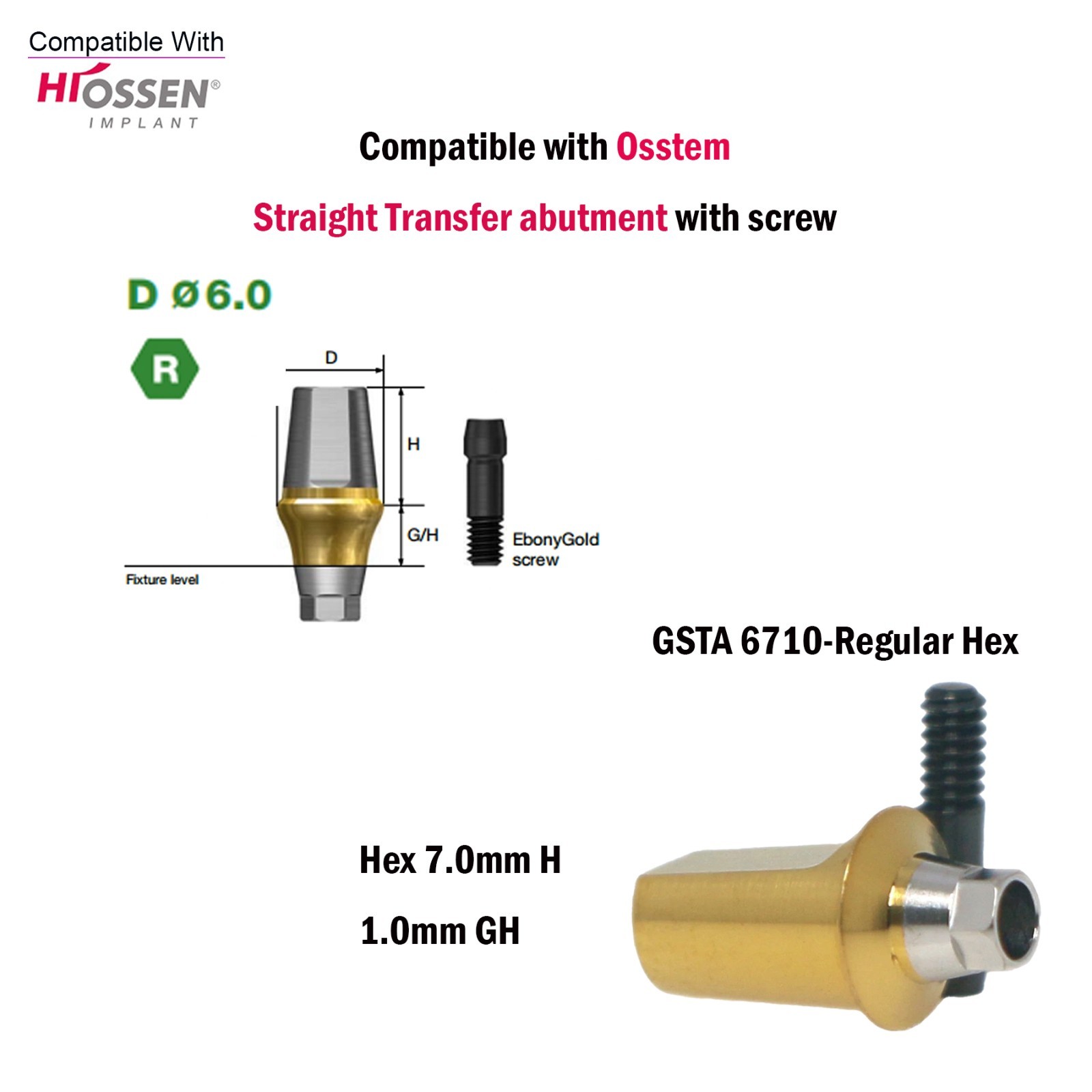 US Dental Straight Transfer Abutment Regular Ø6.0mm 1-6mm GH For Hiossen Osstem