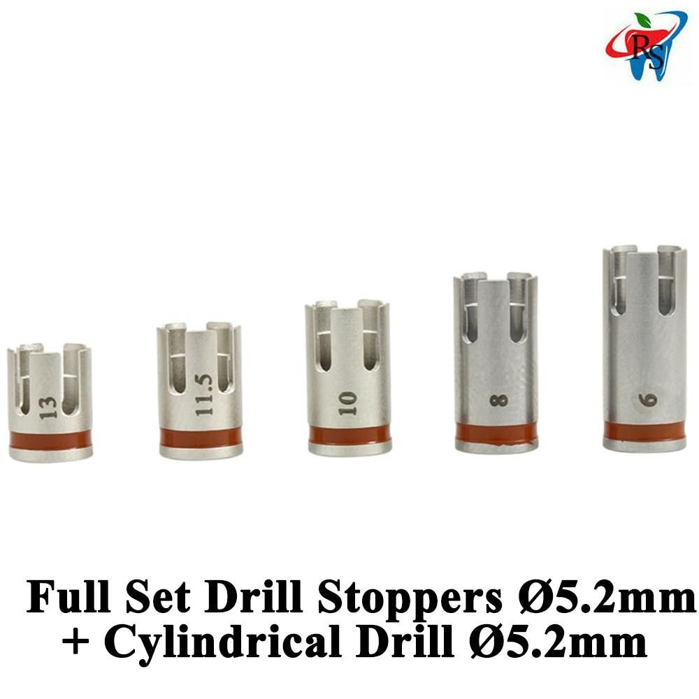 5x Dental Drill Stoppers Ø5.2mm + Cylindrical Drill Surg ical Tools Burs Set