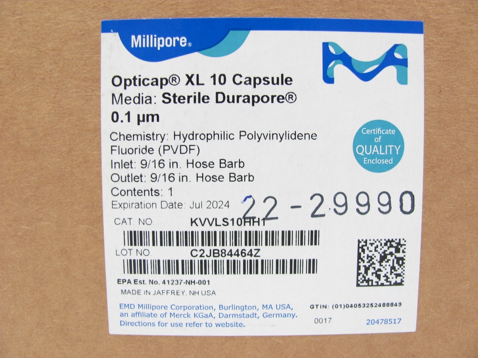 MILLIPORE KVVLS10HH1 STERILE Durapore Opticap XL 10 Capsule 0.1um Filter EXP7/24