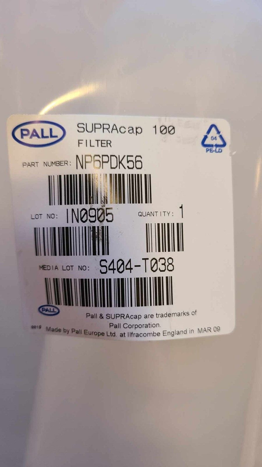 CYTIVA / PALL NP6PDK56 Supracap 100 depth filter capsule, in-line style, 10 in