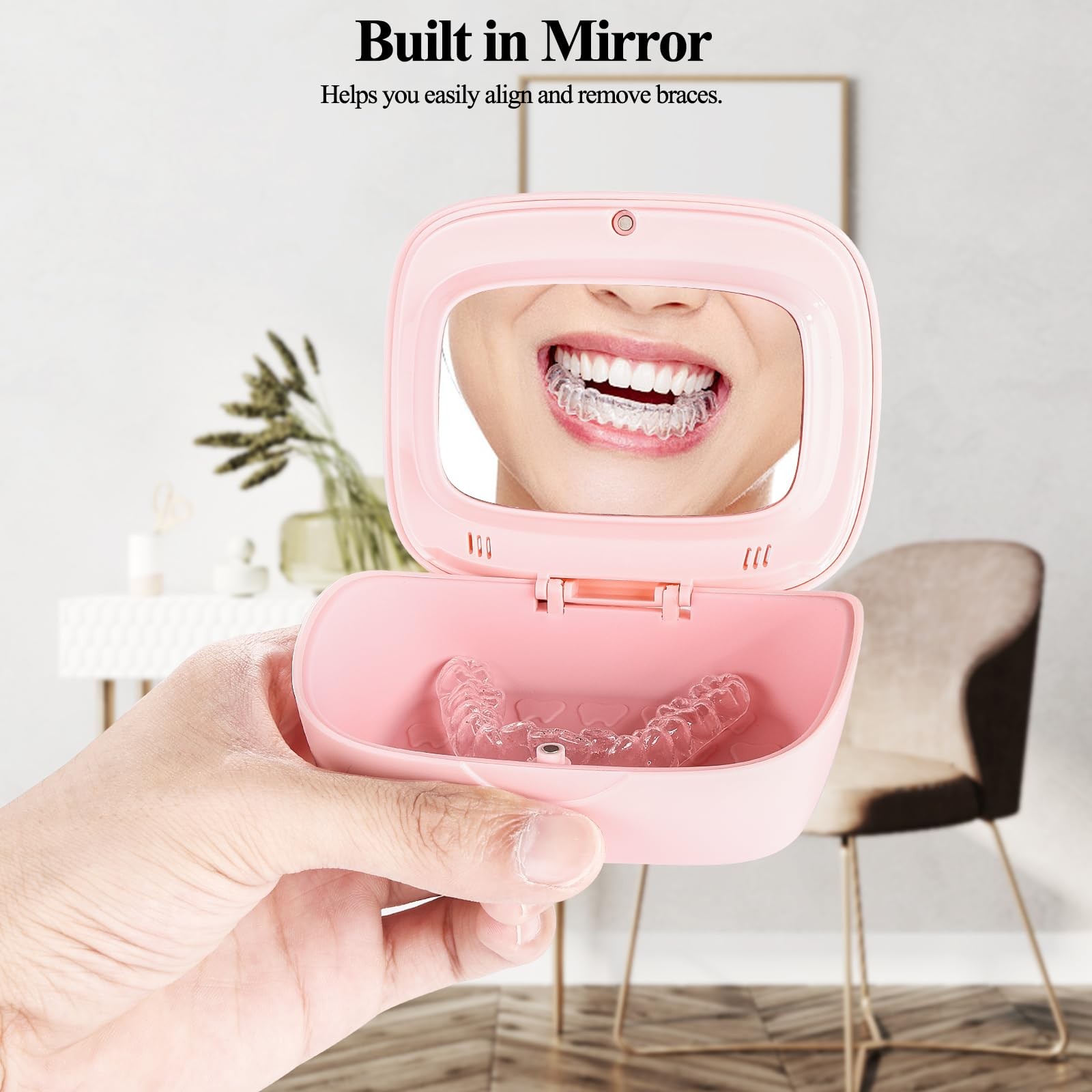 LONGMON Retainer Case With Mirror,Compatible with Invisalign,Vent PINK