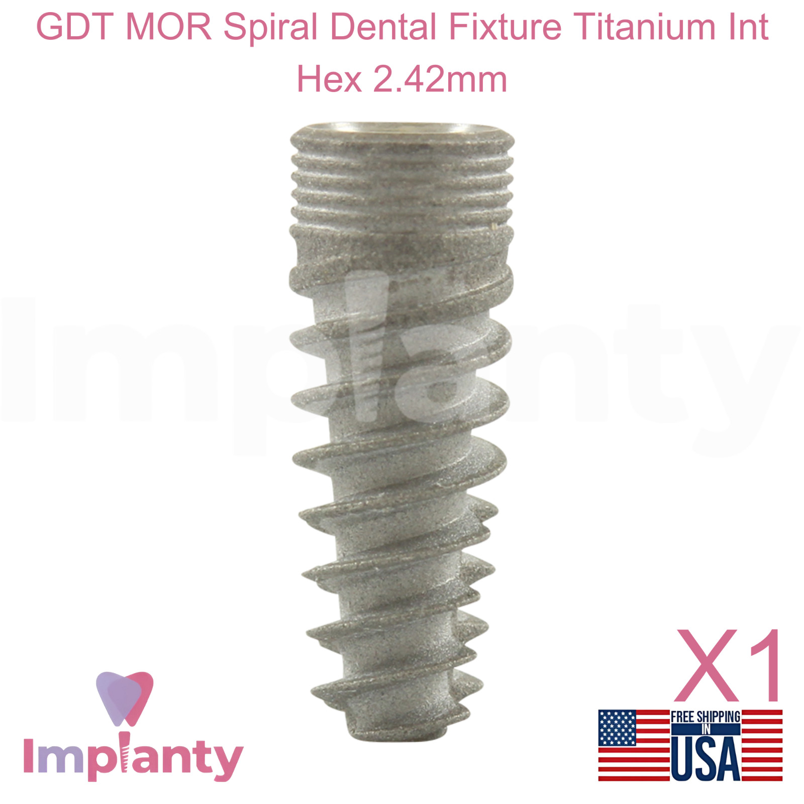 GDT MOR Spiral Dental Fixture Titanium Int Hex 2.42mm Connection SLA Surface