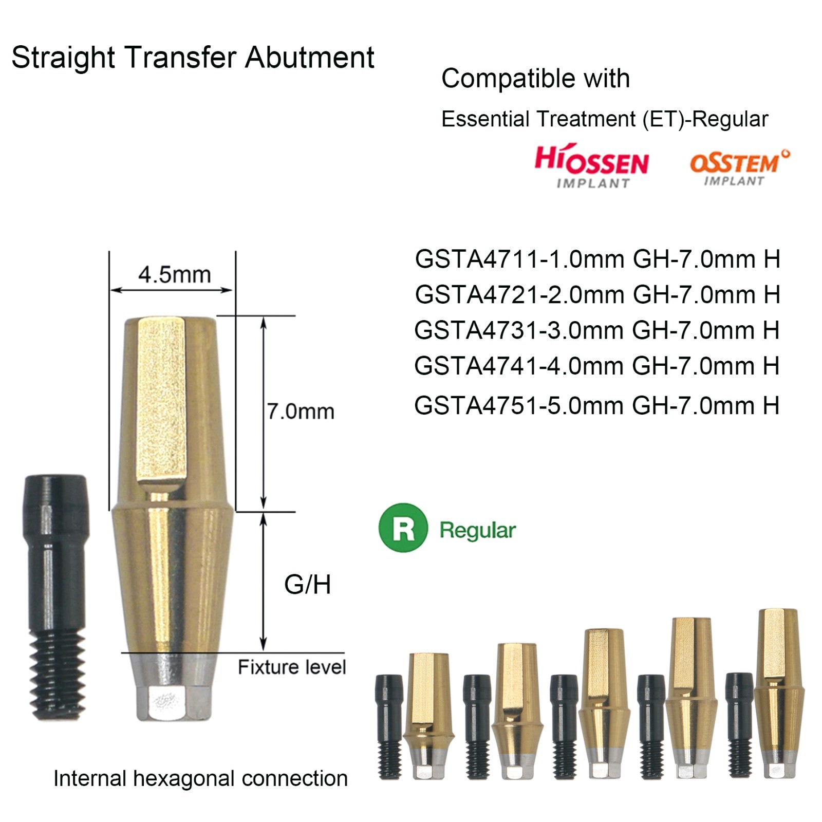 US Titanium Straight Dental Abutment Mini Regular Hex Fit Hiossen ET TS Implants