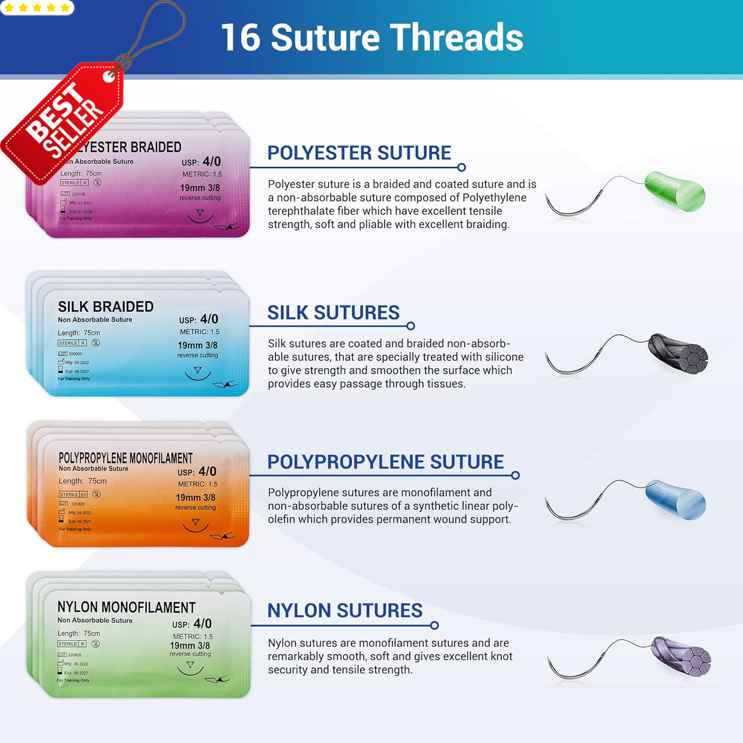 Sterile Sutures Thread & Needle Kit 16 Mixed Sizes w/ 12 Tools 28pc – US