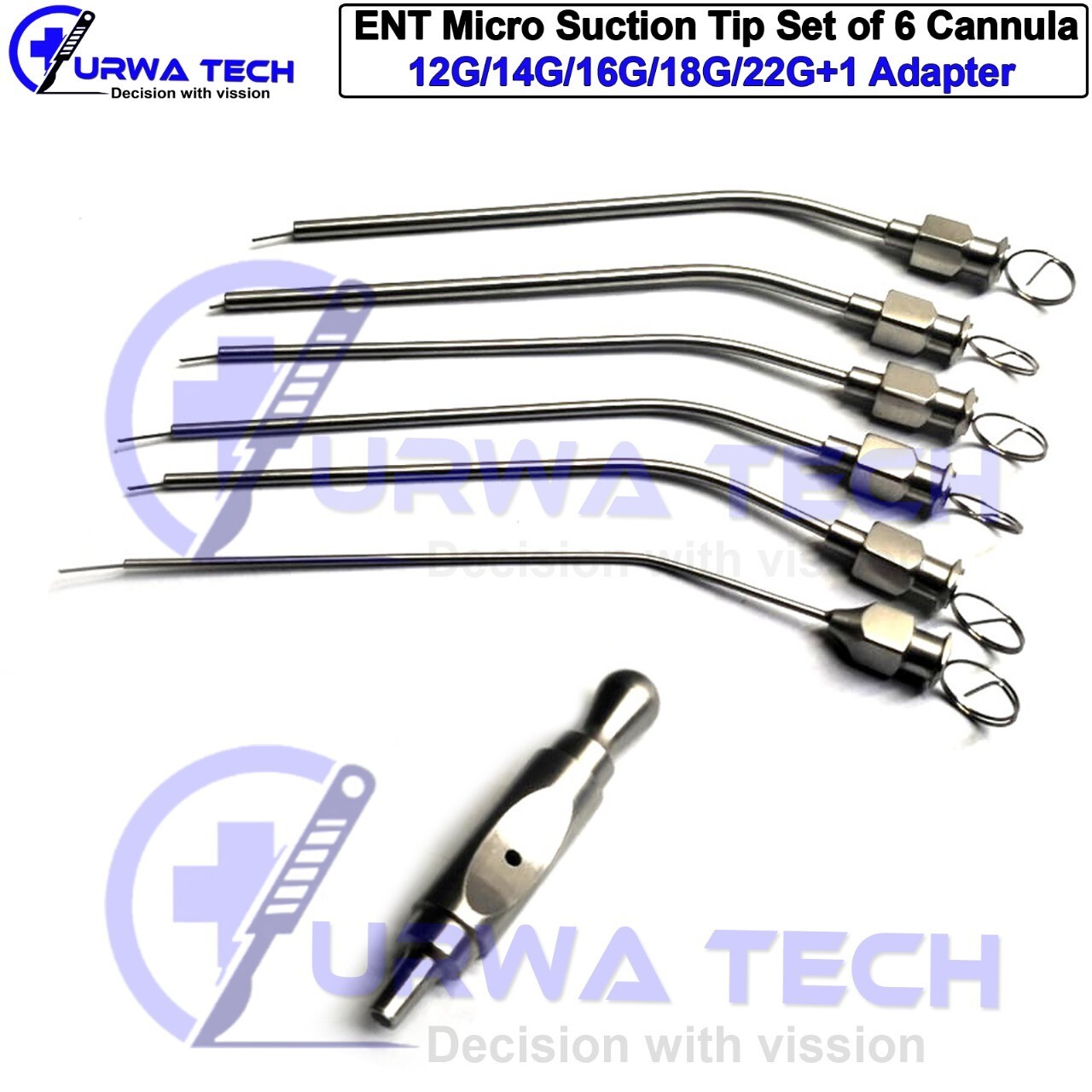 ENT Micro Suction Tip Set of 6 Cannula 12G/14G/16G/18G/20G/22G with Adapter