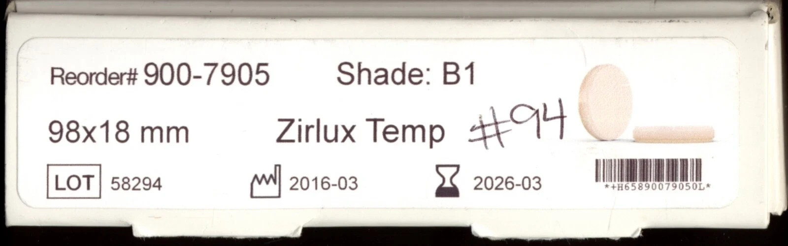 Used Zirlux Temp PMMA – 98×18 mm – Shade B1 – 900-7905 – Use By 2026-03
