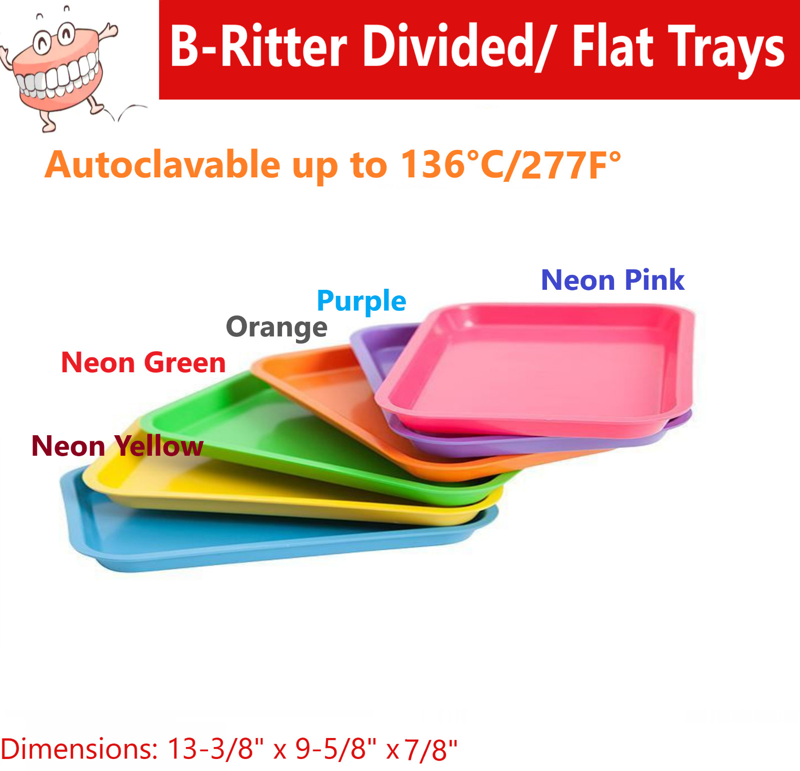 DENTAL FLAT TRAY SIZE B (RITTER) Set Up DIVIDED or F MINI, Autoclavable to 275F