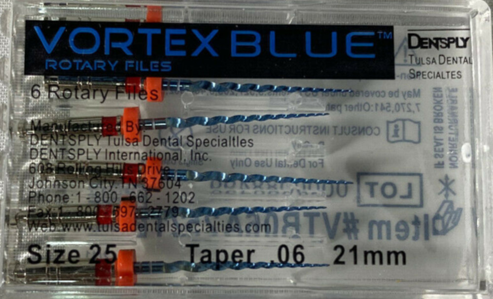 Dentsply Tulsa Dental Vortex Blue 21mm, 25mm all Taper rotary files 6/pk
