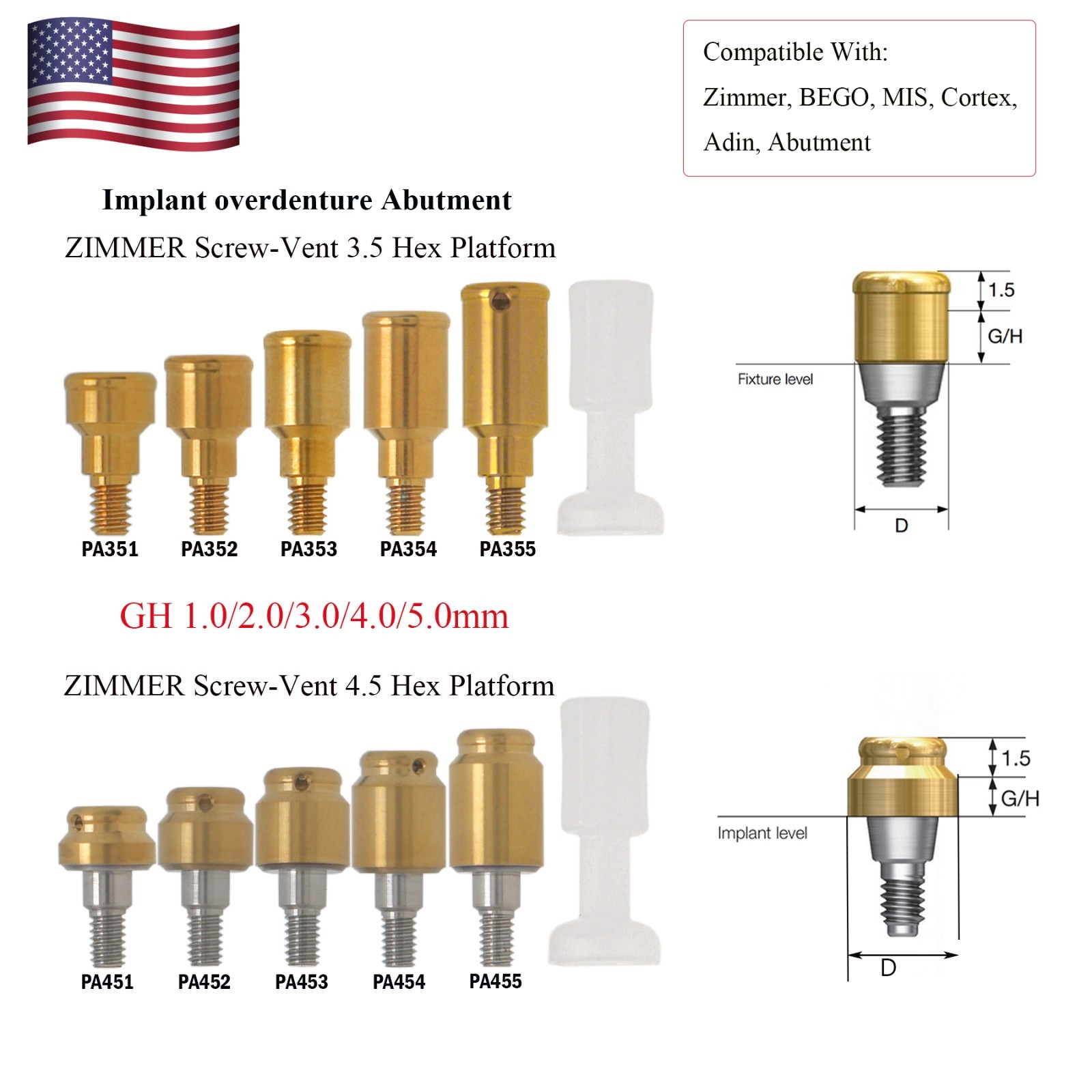 US For Zimmer MIS Implant Removable Locator Abutment Diameter Ø3.5mm/4.5mm 1Pcs