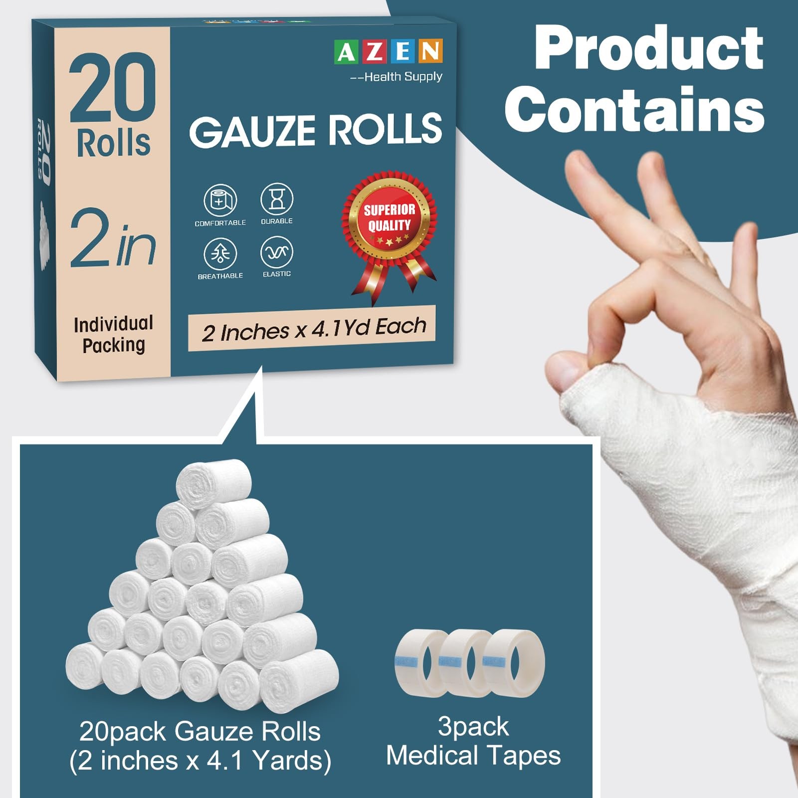 AZEN 20 Pack Gauze Rolls Bandages, 2 in x 4.1 Yards, Premium 2IN, A-20p