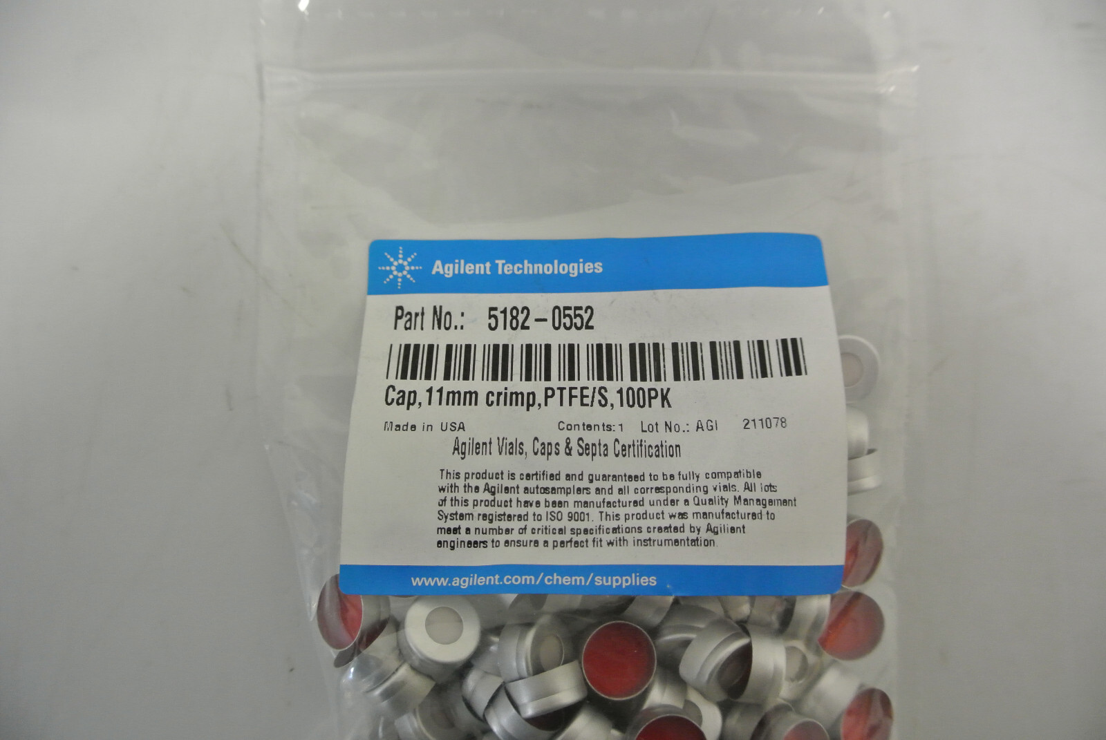 AGILENT TECHNOLOGIES 5182-0552 CAP 11MM CRIMP PTFE/S 100PK NEW SEALED