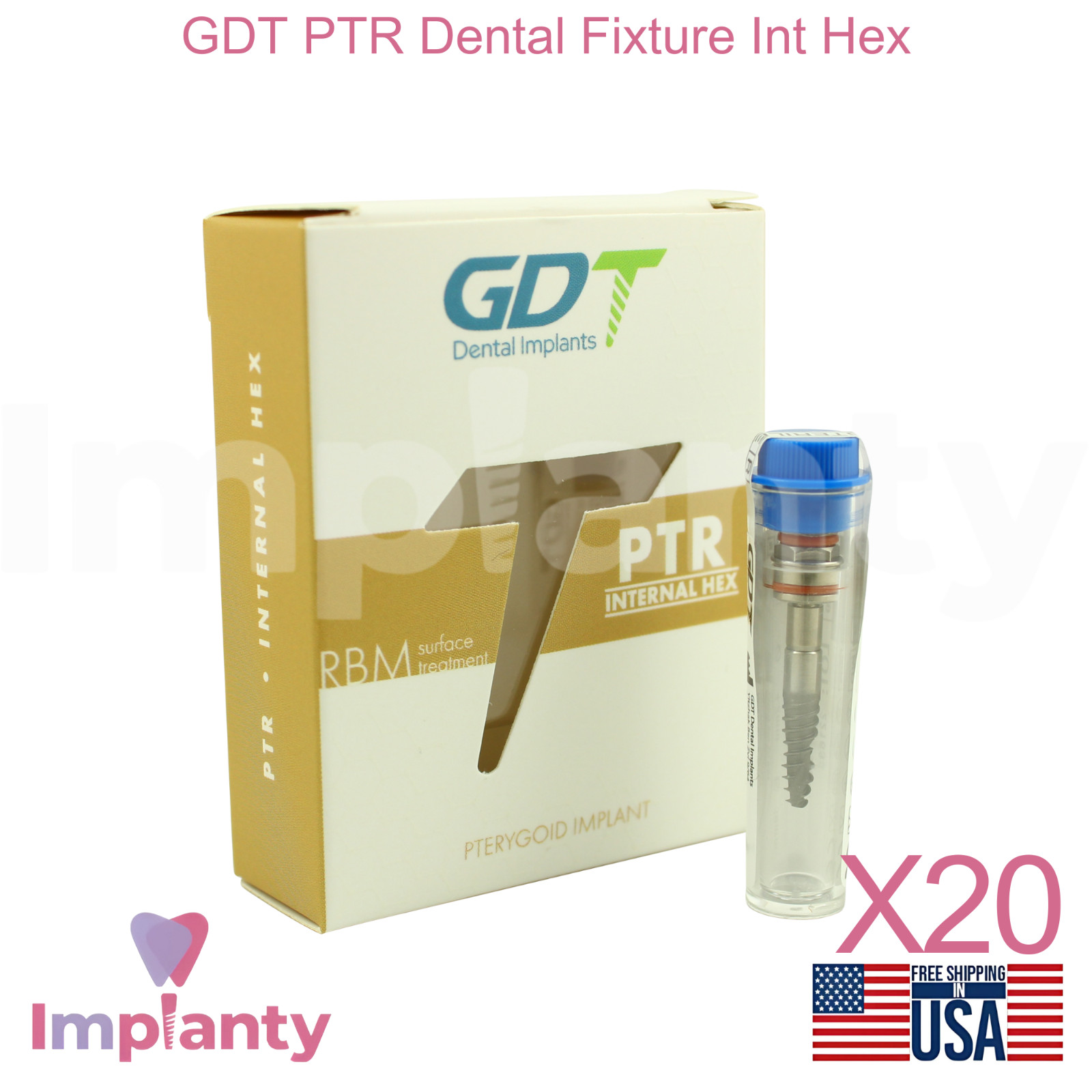 20x GDT PTR Ø4.2mm Diameter Dental Fixture Int Hex 2.42mm Connection RBM Surface