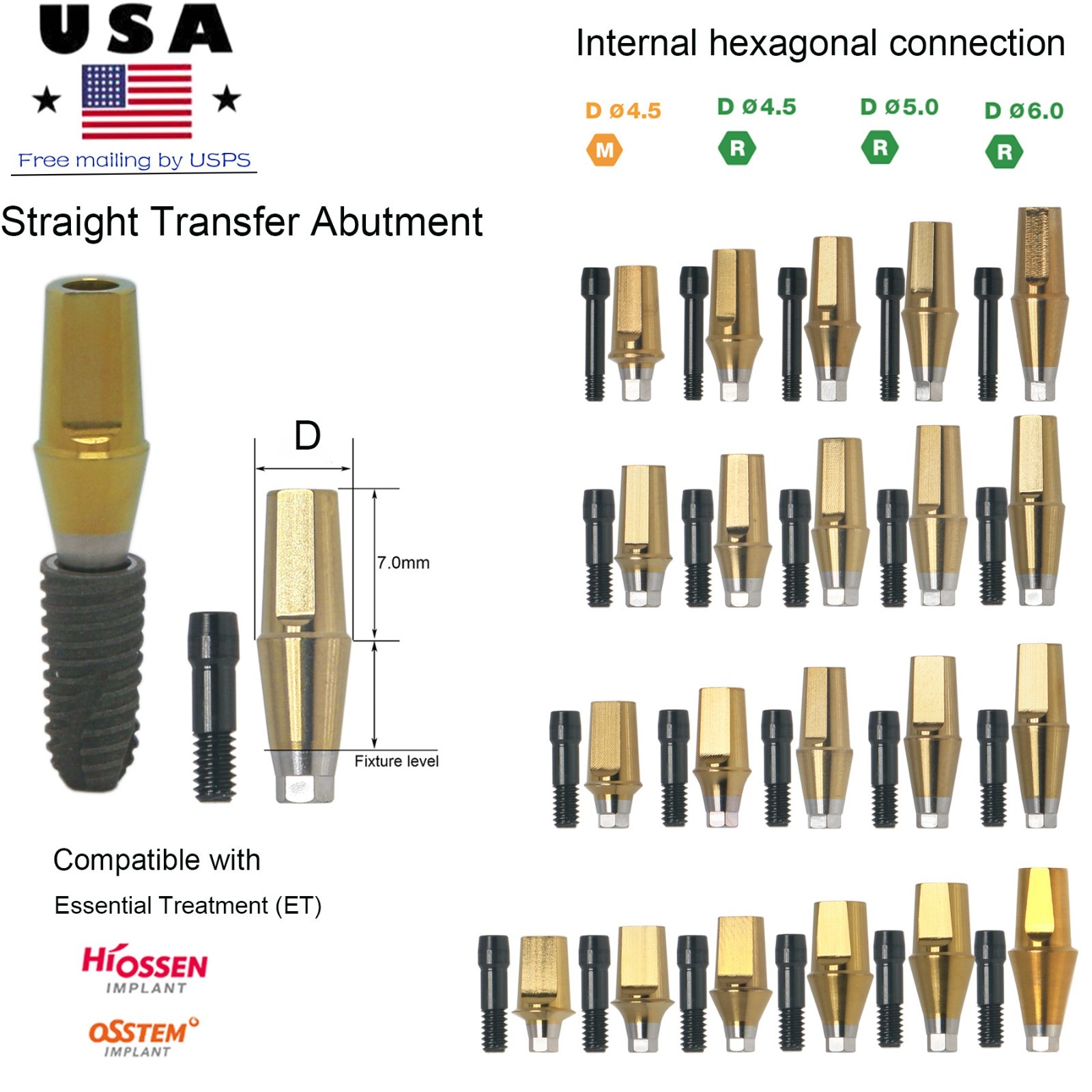 Dental Regular Mini Straight Abutment Hex Cemented W/Central screws fit Hiossen