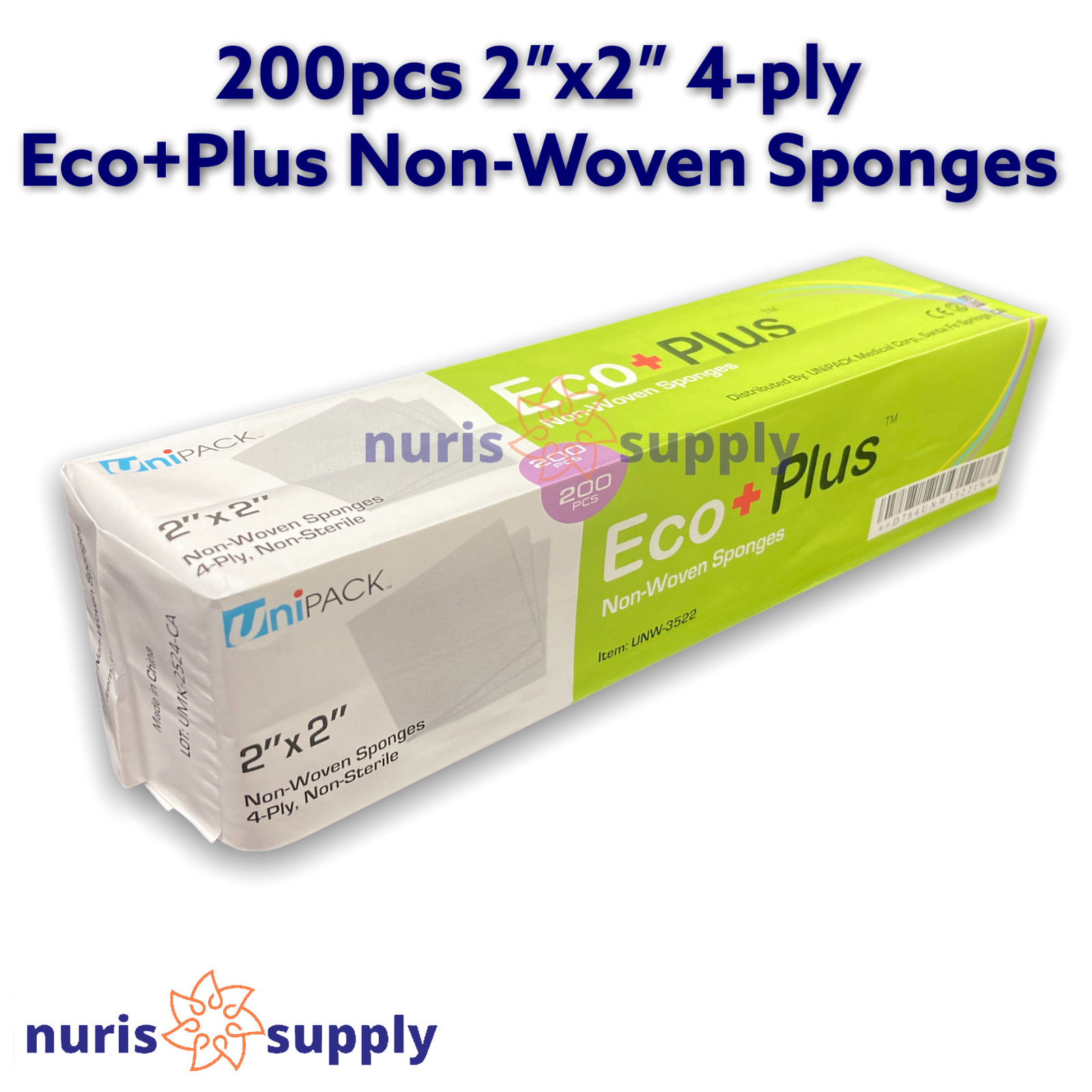 200pcs 2″x2″ Eco+ Plus Dental Medical Non-Woven Sponges High Absorbency