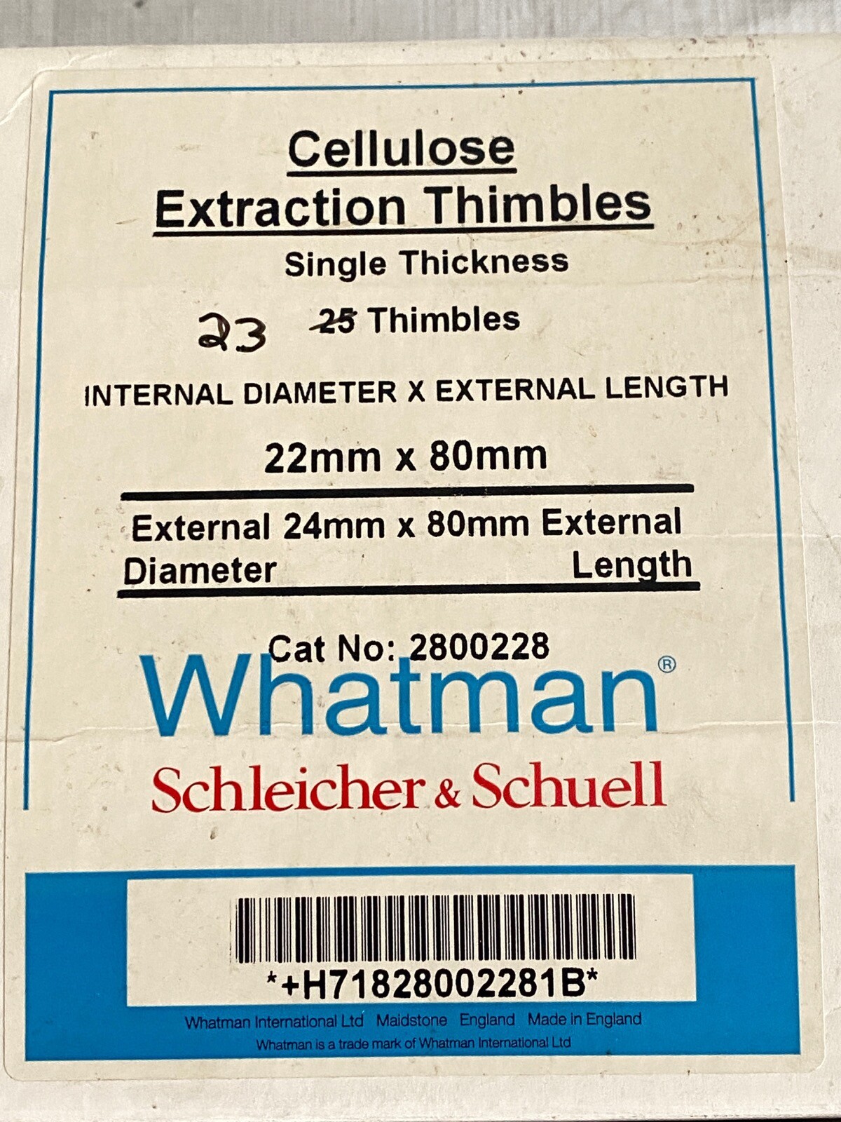 (23) WHATMAN Cellulose Extraction Thimbles Single Thickness 24mm OD x 80mm L