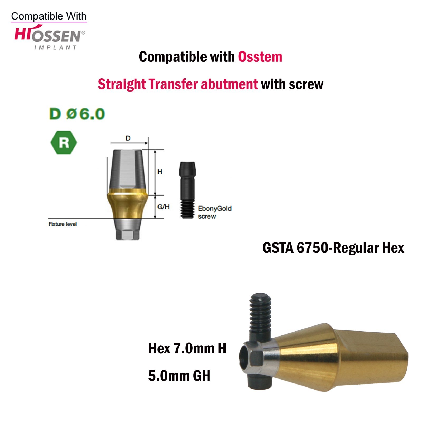 US Dental Straight Transfer Abutment Regular Ø6.0mm 1-6mm GH For Hiossen Osstem