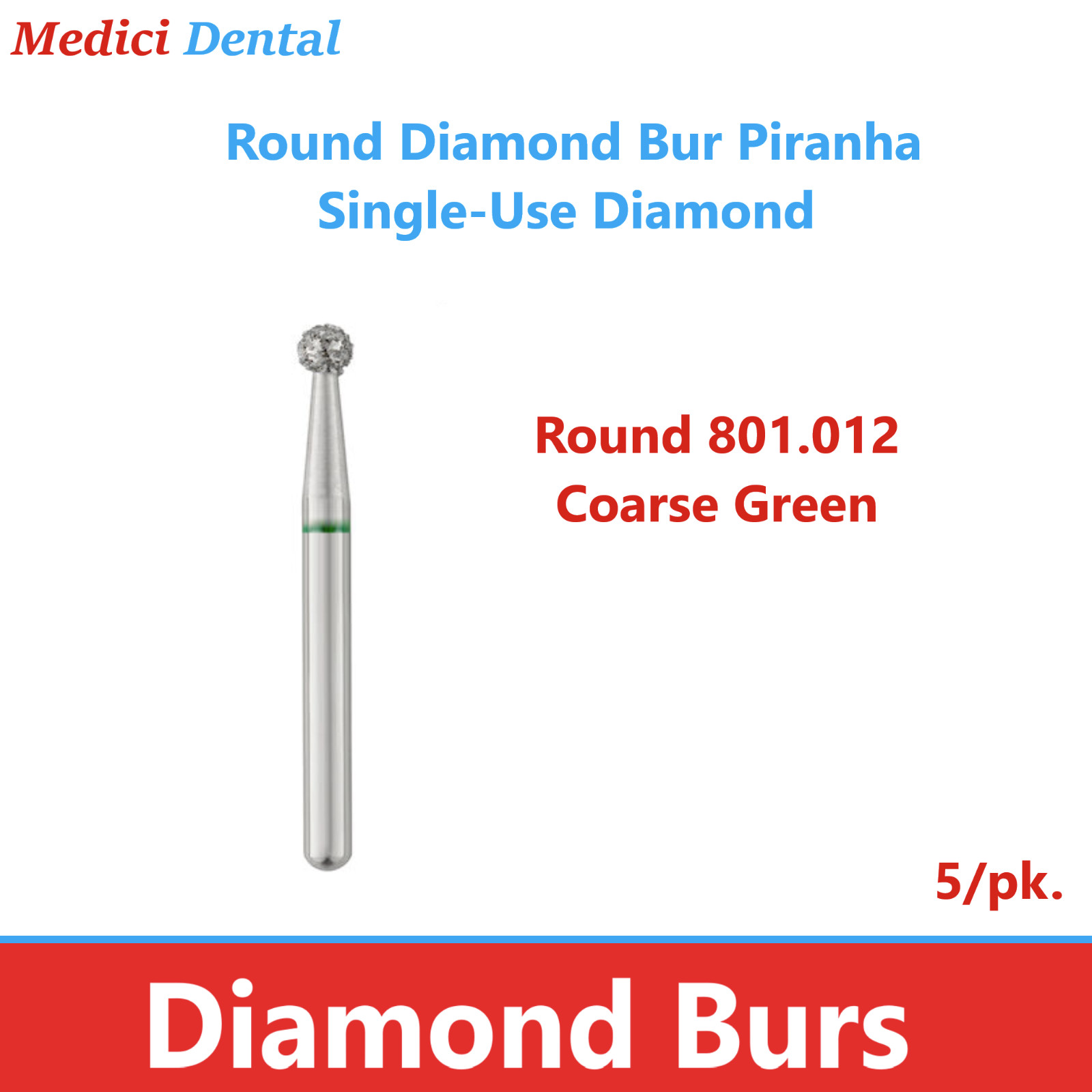 Dental Round Diamond Bur Burs Round .012C Coarse Green, 5/PK