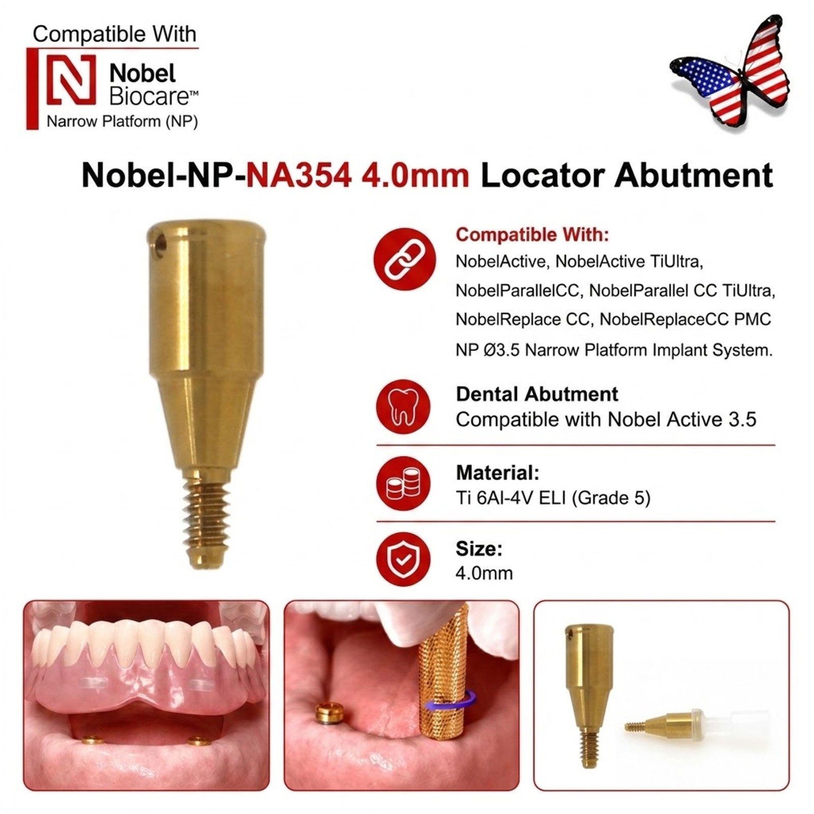 Dental Nobel Biocare Active NP/RP Locator Abutment Conical Titanium 1-5mm Height