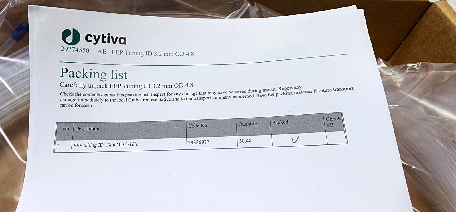 Cytiva 29274550 Tubing for ÄKTA pilot 600 FEP tubing, i.d. 3.2 mm, o.d. 4.8 mm