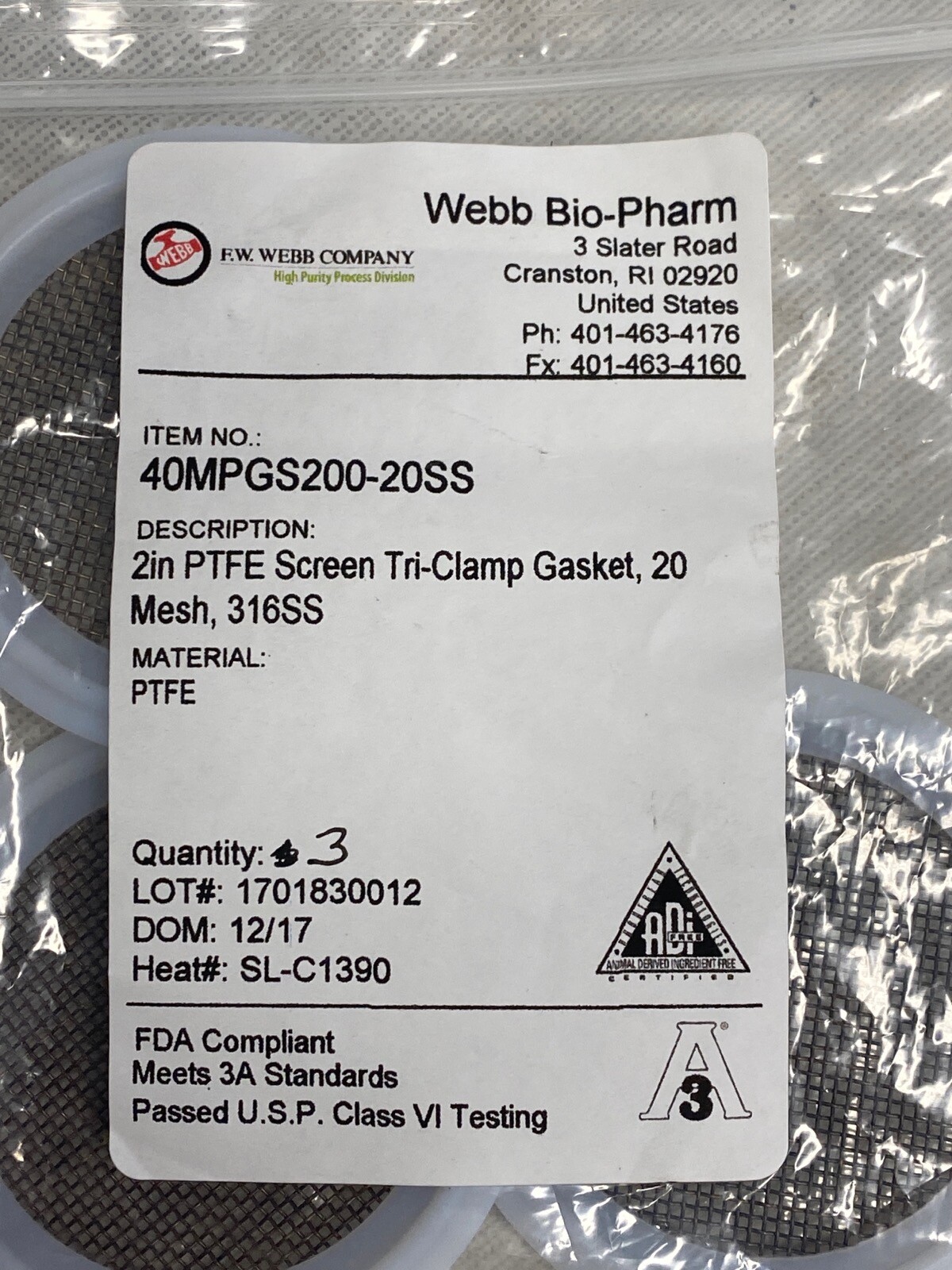 (3) WEBB BIO-PHARM 2” PTFE Screen Tri-Clamp Sanitary Gasket 20-Mesh Stainless
