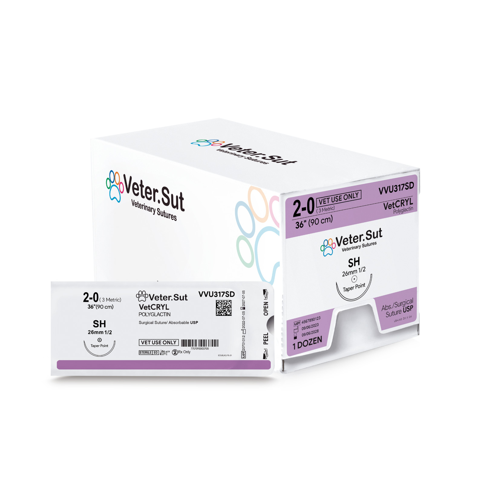 Vetersut VetCRYL Polyglactin, USP 2-0, 1/2 26mm taper point Veterinary Suture
