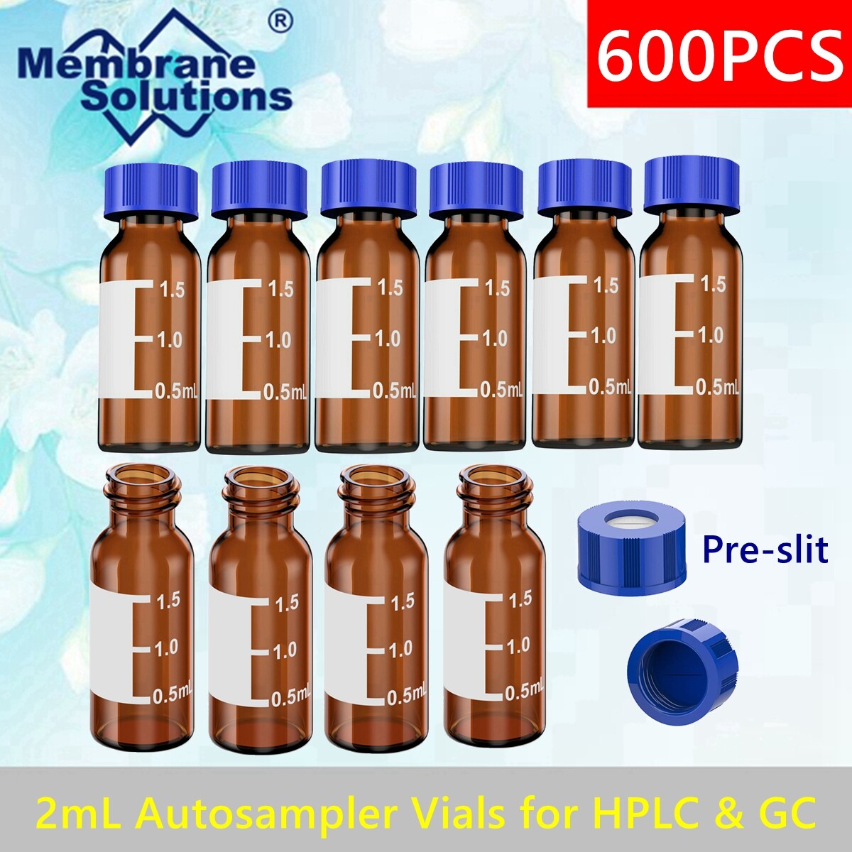 600-2ml HPLC Vials, 9-425 Lab Clear Vials 9mm Blue ABS Screw Caps & Septa for GC