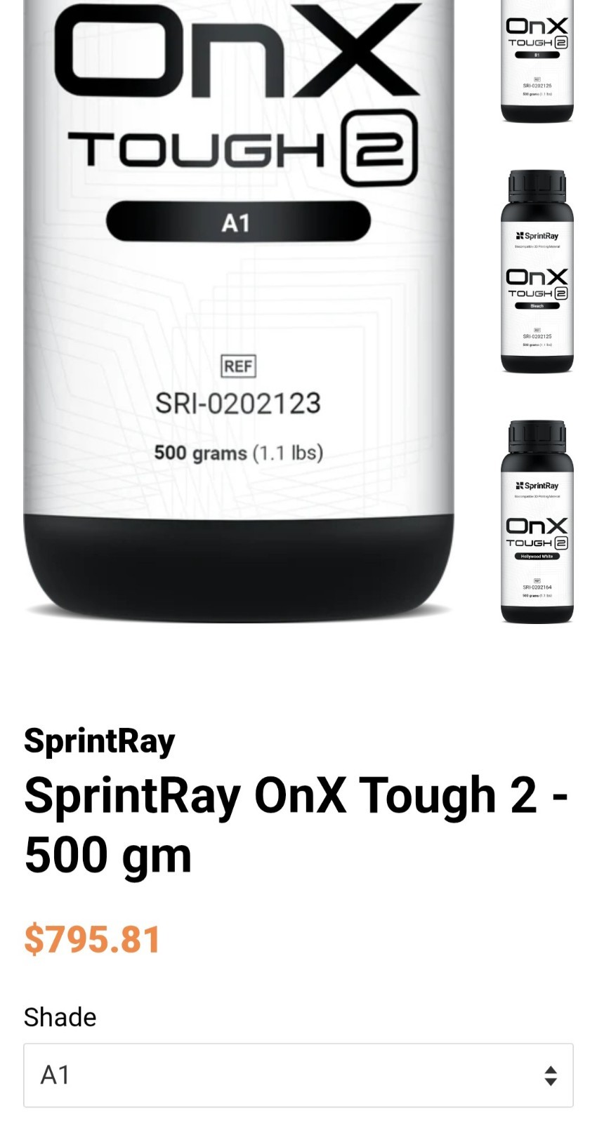 SprintRay OnX Tough 2, A1 Dental Denture 3D Printer Resins 500g SRI-0202123