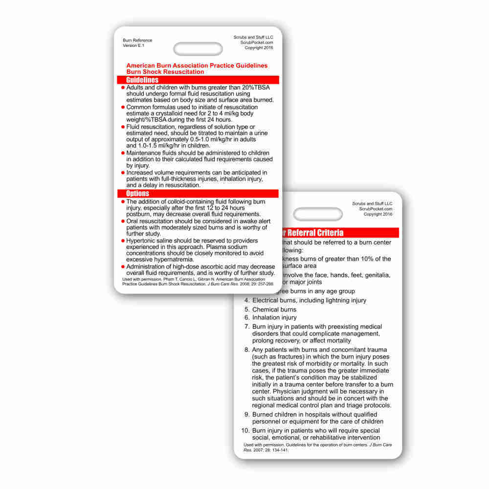 ABA Burn Care Guidelines & Referral Criterria Vertical Badge ID PockeCard RN EMT