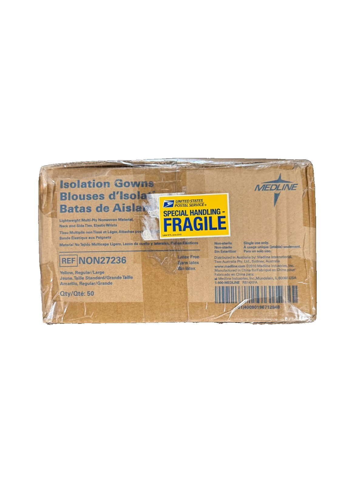 Case of 50 Medline Patient Gowns Blue Regular/Large NON27236 New Latex-Free