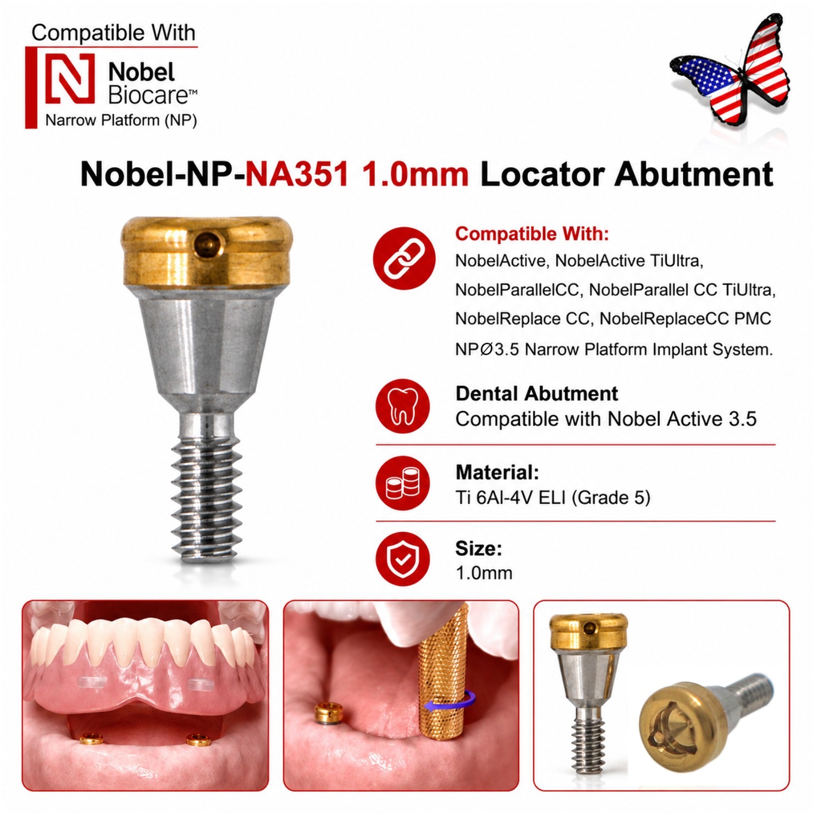 Dental Nobel Biocare Active NP/RP Locator Abutment Conical Titanium 1-5mm Height