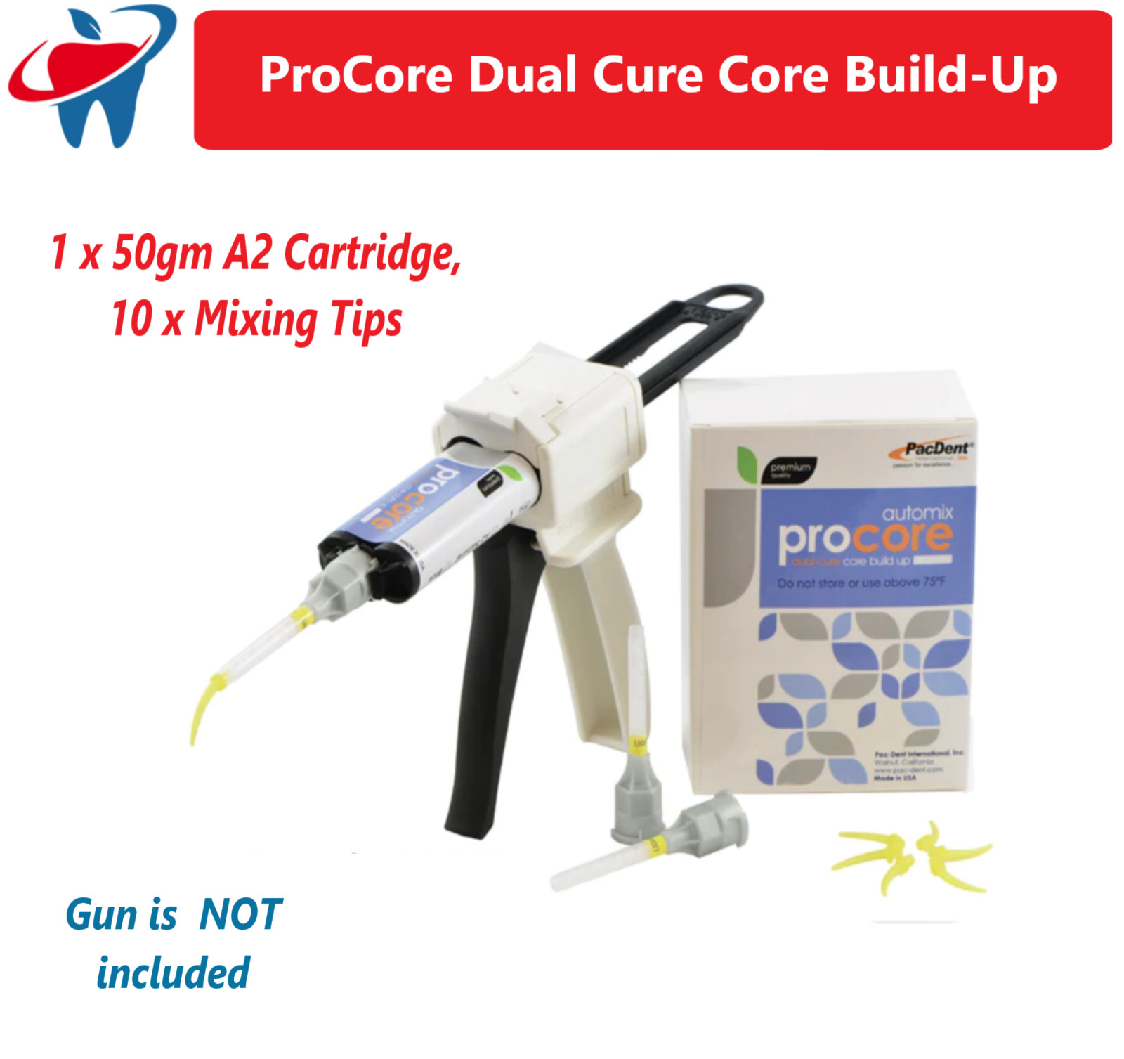 Dental ProCore Dual Cure Core Build-Up 1 x 50gm A2 Cartridge, 10 x Mixing Tips