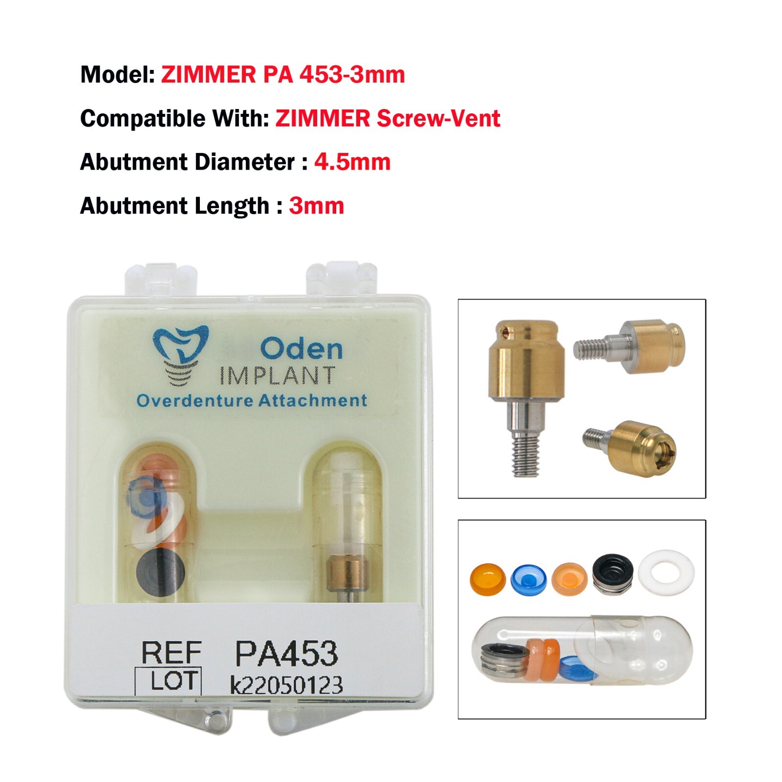 Dental Zimmer MIS Adin PA Ø3.5/4.5mm Abutment & Overdenture Male Caps Removable