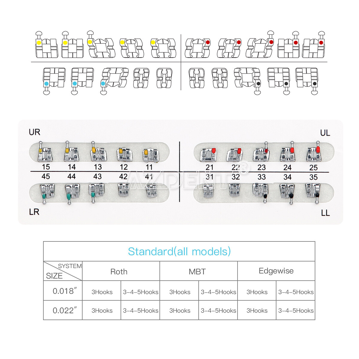 AZDENT Dental Orthodontic Brackets Metal Braces Standard MBT 022 Hooks 3-4-5/3