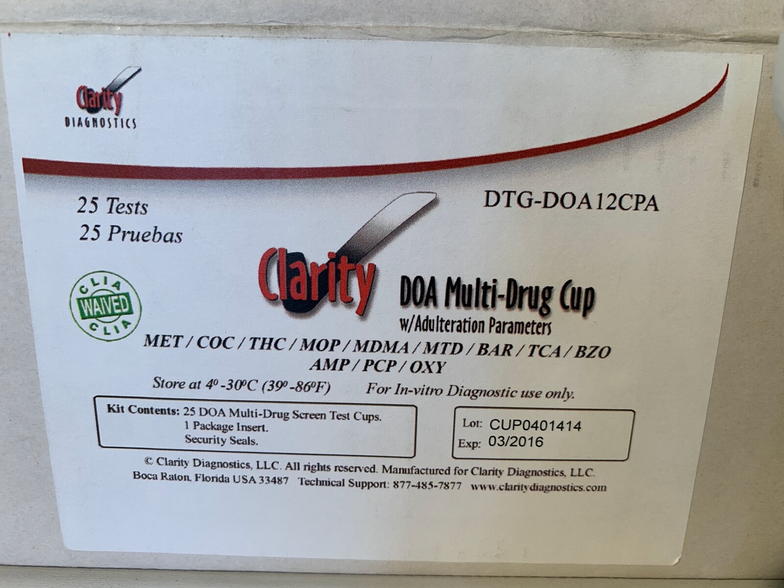 One Case (25 cups) Clarity Diagnostics DTG-DOA12CPA DOA Multi Drug Cup Expired!