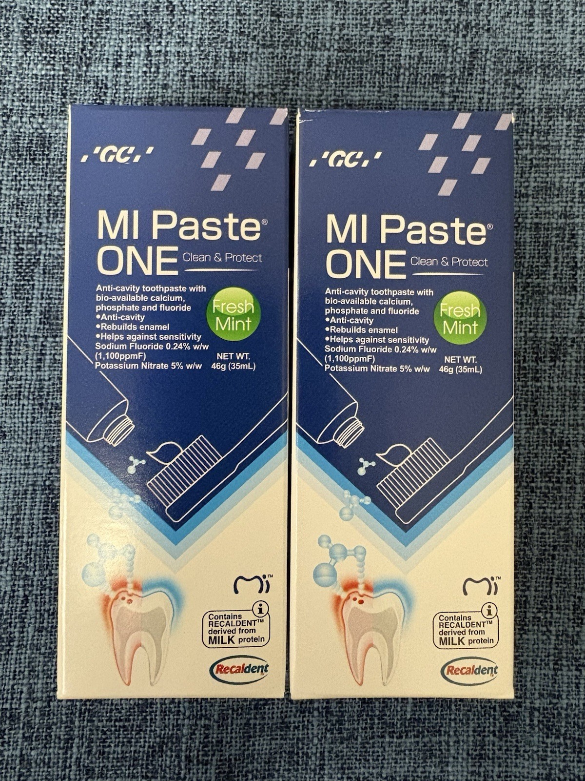 2 Pack MI Paste® ONE Fresh Mint Anti-cavity Toothpaste w/ RECALDENT™. 40g/pk